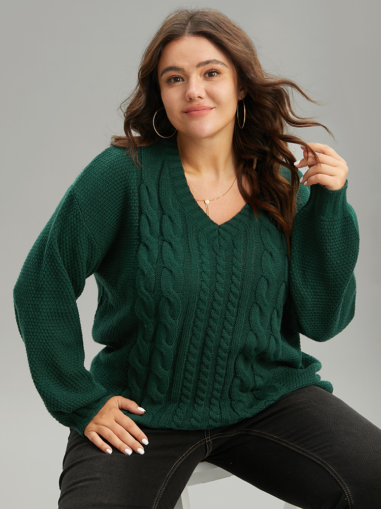 

Plus Size Solid Cable Knit V Neck Elastic Cuffs Pullover DarkGreen Women Casual Loose Long Sleeve V-neck Everyday Pullovers BloomChic