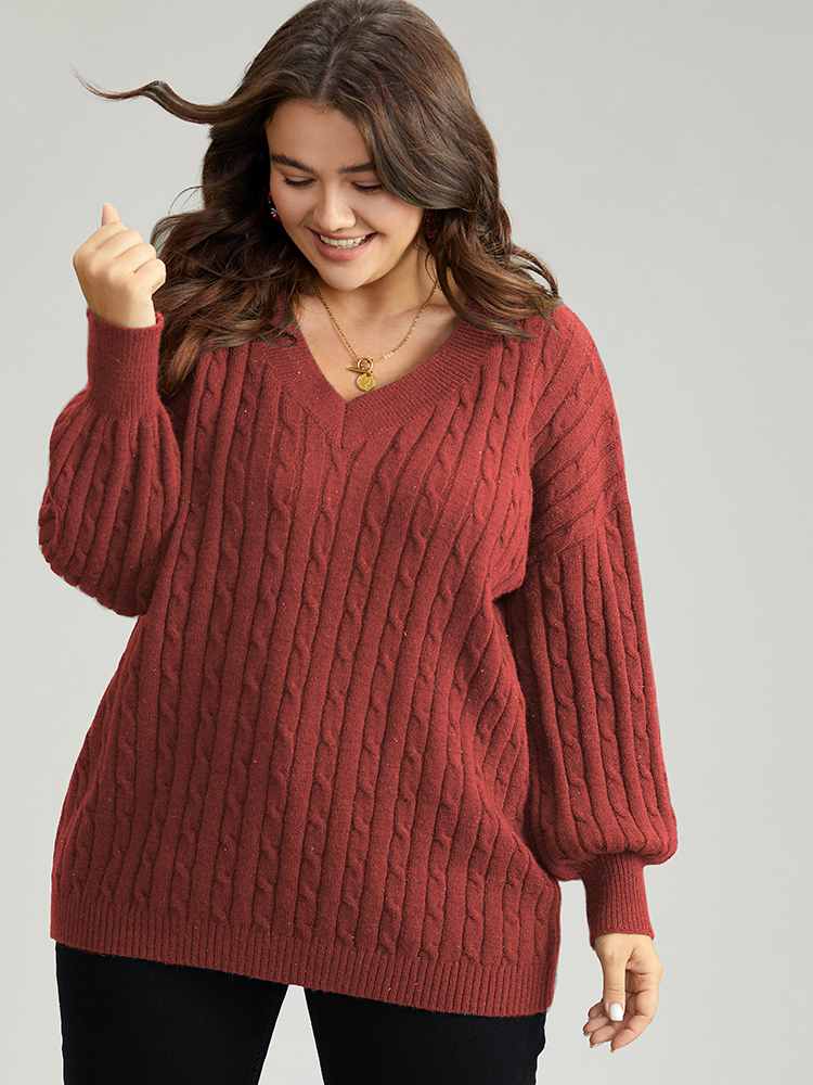 

Plus Size Lurex Cable Knit Plain V Neck Pullover Raspberry Women Casual Loose Long Sleeve V-neck Dailywear Pullovers BloomChic