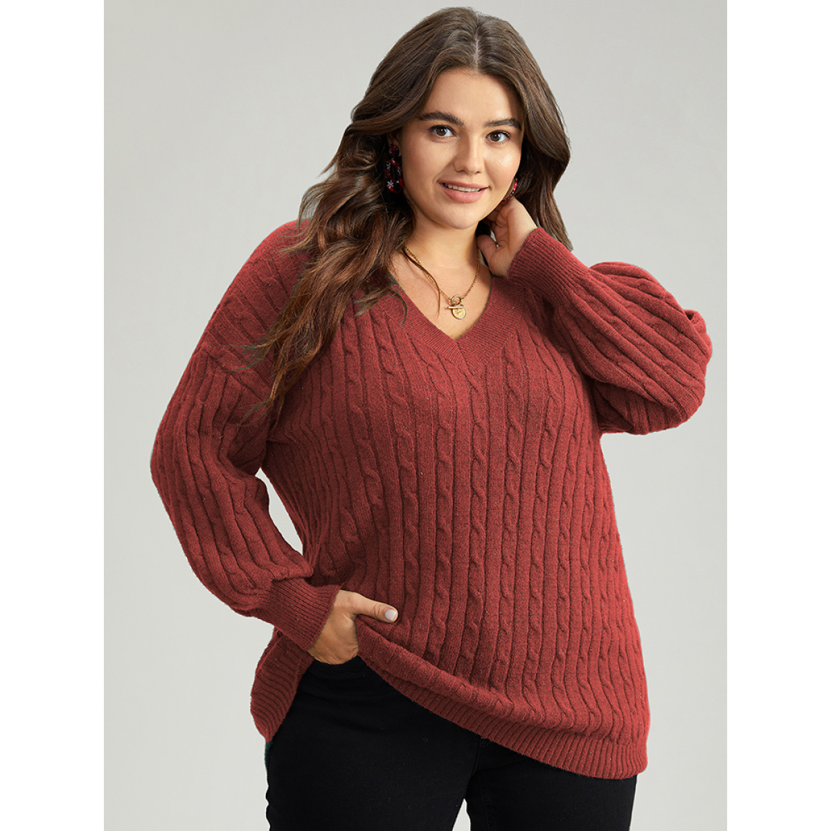 

Plus Size Lurex Cable Knit Plain V Neck Pullover Raspberry Women Casual Loose Long Sleeve V-neck Dailywear Pullovers BloomChic