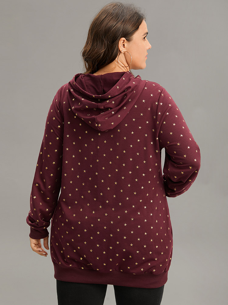Plus Size Star Glitter Rib Knit Pearl Beaded Hooded Sweatshirt Women Red Casual Rib Knit Hooded Dailywear Sweatshirts BloomChic 18-20/2X 