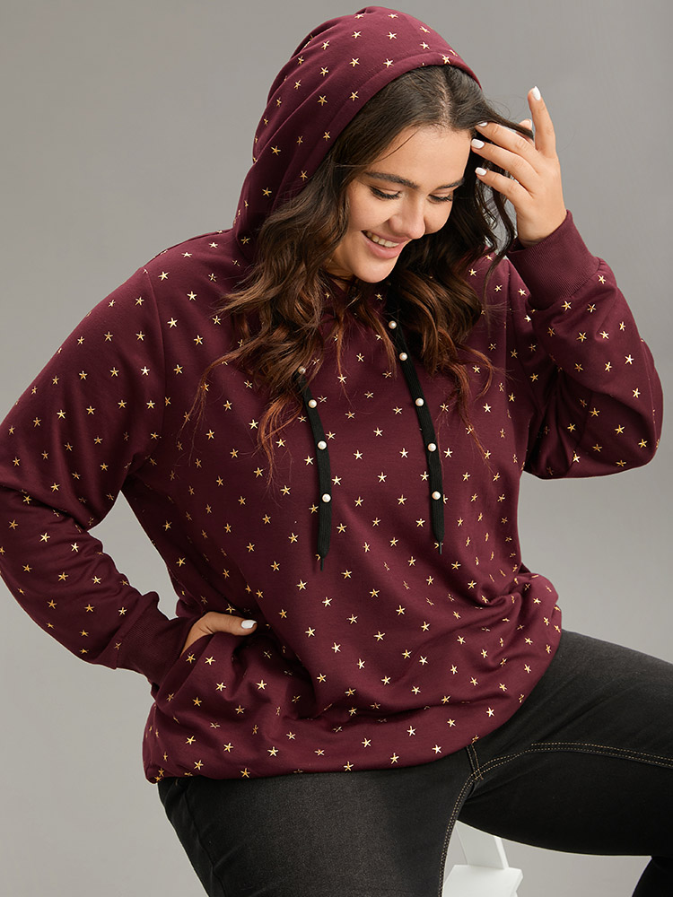 Plus Size Star Glitter Rib Knit Pearl Beaded Hooded Sweatshirt Women Red Casual Rib Knit Hooded Dailywear Sweatshirts BloomChic 18-20/2X 
