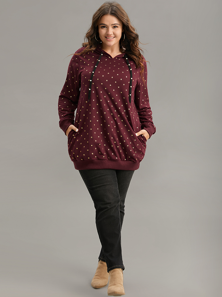 Plus Size Star Glitter Rib Knit Pearl Beaded Hooded Sweatshirt Women Red Casual Rib Knit Hooded Dailywear Sweatshirts BloomChic 18-20/2X 