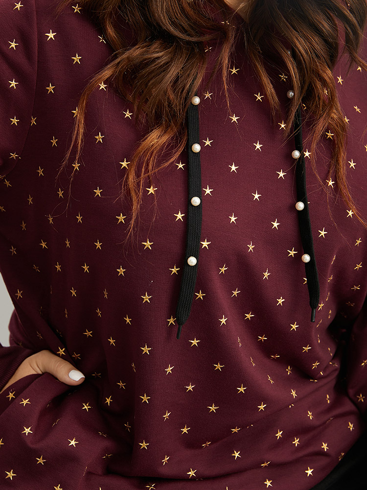 Plus Size Star Glitter Rib Knit Pearl Beaded Hooded Sweatshirt Women Red Casual Rib Knit Hooded Dailywear Sweatshirts BloomChic 18-20/2X 