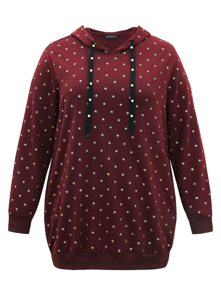 Plus Size Star Glitter Rib Knit Pearl Beaded Hooded Sweatshirt Women Red Casual Rib Knit Hooded Dailywear Sweatshirts BloomChic 18-20/2X 