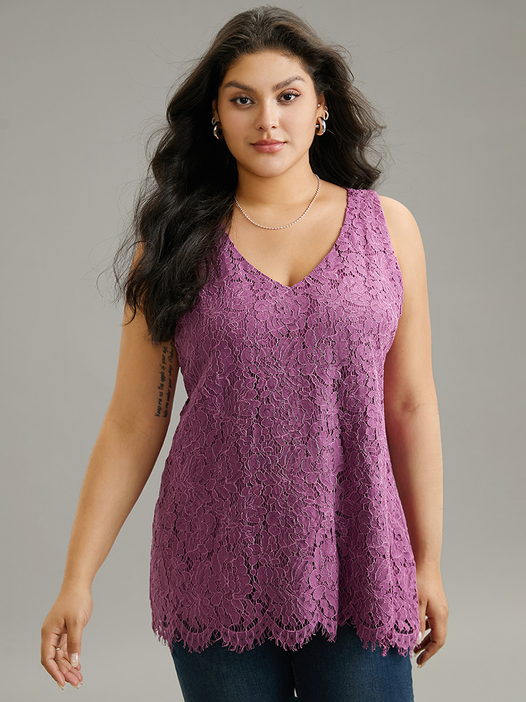 

Plus Size Solid Guipure Lace Scalloped Trim Tank Top Women Eggplant Elegant Texture V-neck Dailywear Tank Tops Camis BloomChic