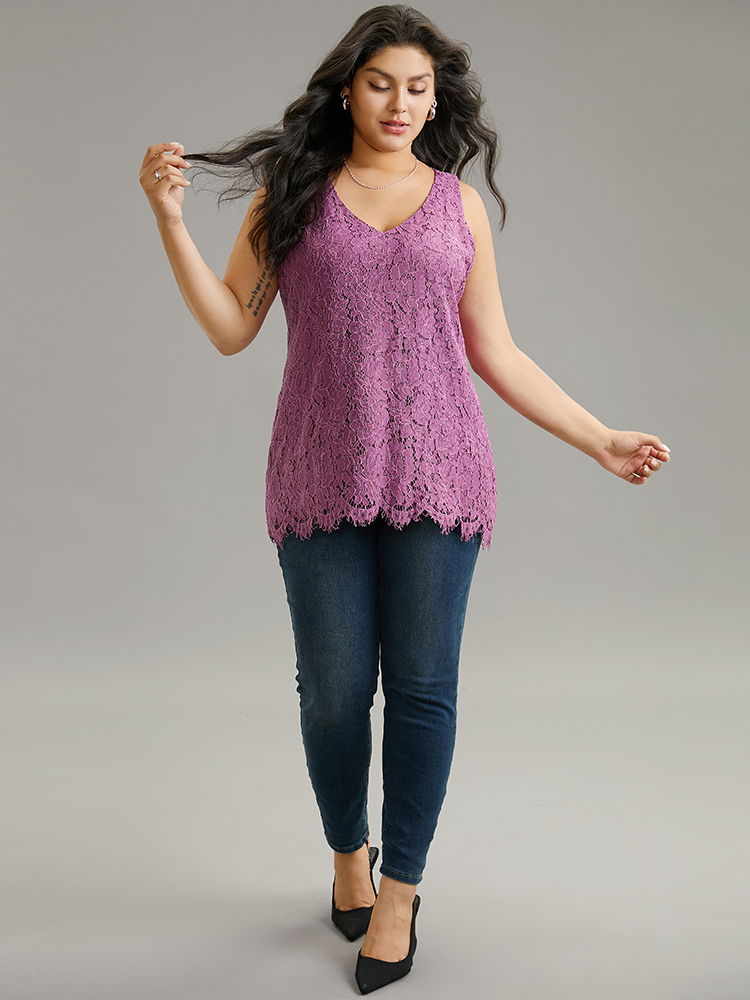 

Plus Size Solid Guipure Lace Scalloped Trim Tank Top Women Eggplant Elegant Texture V-neck Dailywear Tank Tops Camis BloomChic