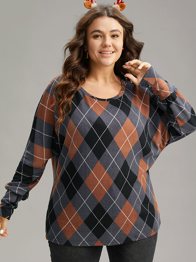 

Plus Size Plaid Contrast Round Neck Dolman Sleeve T-shirt Multicolor Women Casual Contrast Plaid Round Neck Festival-Christmas T-shirts BloomChic