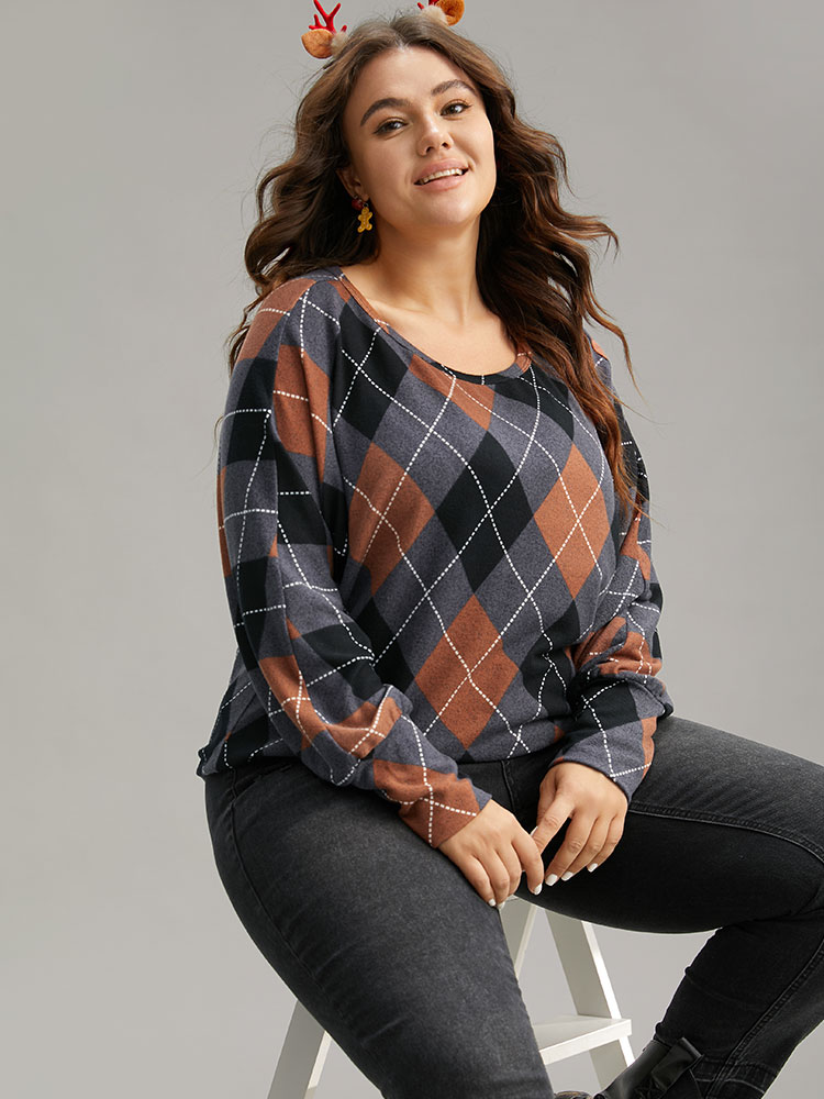 Plus Size Women Festival-Christmas Plaid Contrast Dolman Sleeve Long Sleeve Round Neck Casual T-shirts BloomChic 