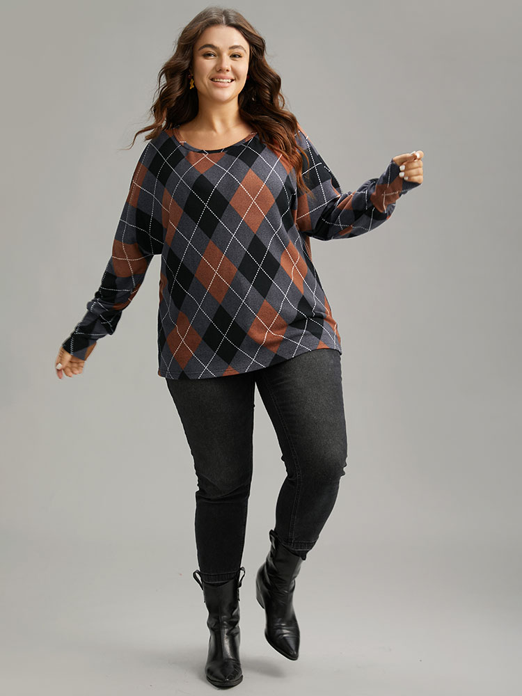 Plus Size Women Festival-Christmas Plaid Contrast Dolman Sleeve Long Sleeve Round Neck Casual T-shirts BloomChic 