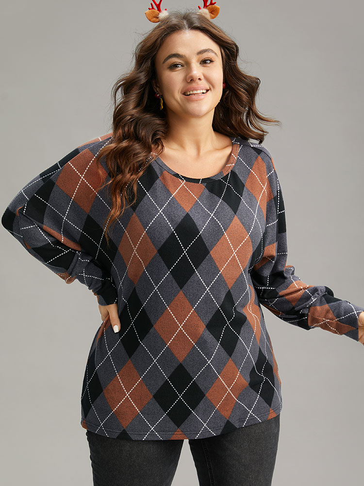 Plus Size Women Festival-Christmas Plaid Contrast Dolman Sleeve Long Sleeve Round Neck Casual T-shirts BloomChic 
