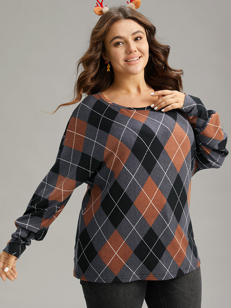 Plus Size Women Festival-Christmas Plaid Contrast Dolman Sleeve Long Sleeve Round Neck Casual T-shirts BloomChic 