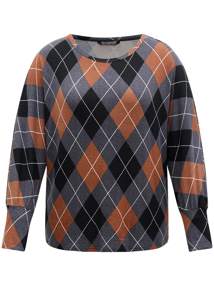 Plus Size Women Festival-Christmas Plaid Contrast Dolman Sleeve Long Sleeve Round Neck Casual T-shirts BloomChic 
