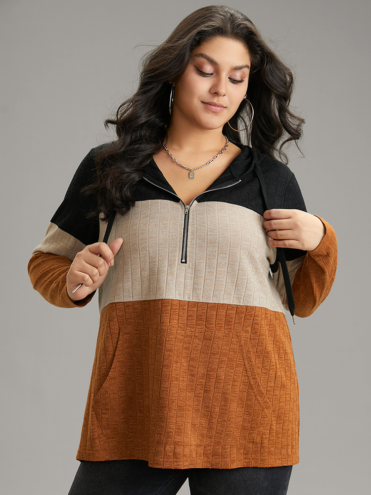 Plus Size Rib Knit Colorblock Contrast Half Zip Hooded Sweatshirt Women Black Casual Texture Hooded Dailywear Sweatshirts BloomChic 14-16/1X 