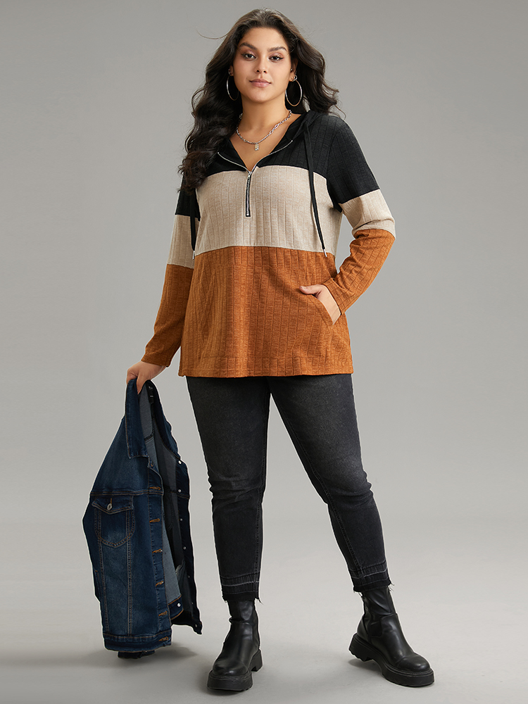 Plus Size Rib Knit Colorblock Contrast Half Zip Hooded Sweatshirt Women Black Casual Texture Hooded Dailywear Sweatshirts BloomChic 14-16/1X 