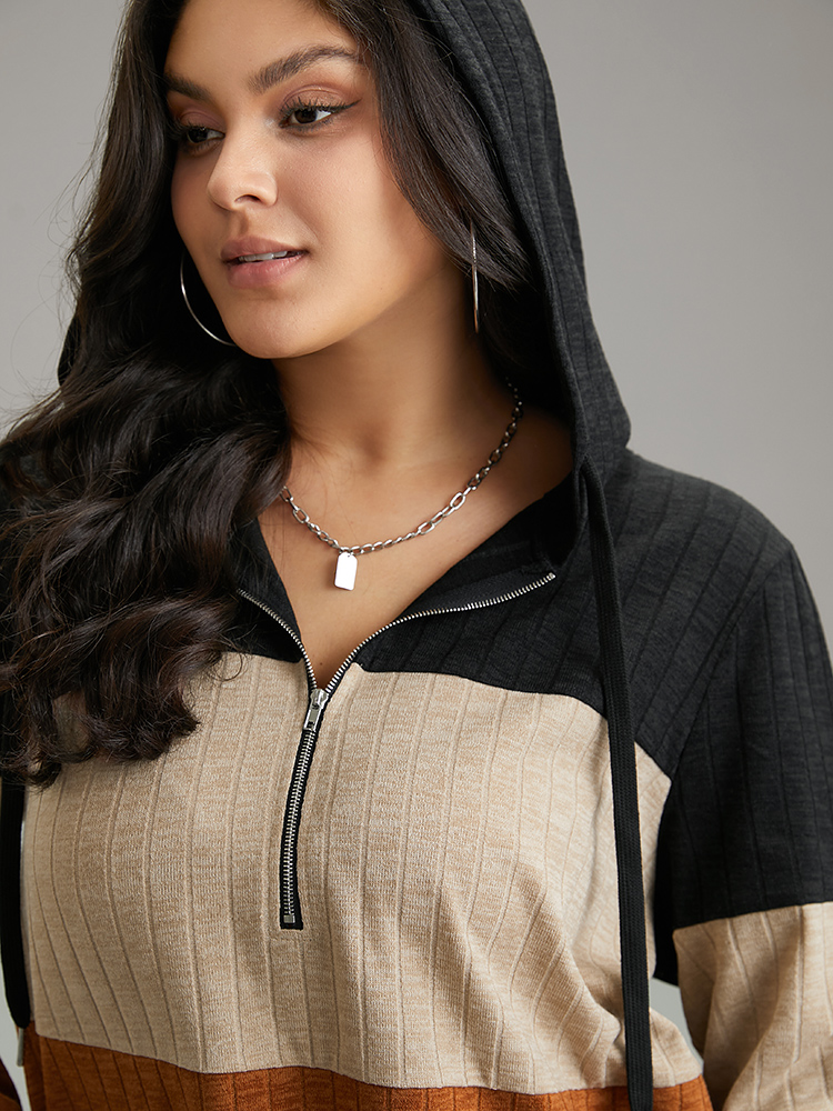 Plus Size Rib Knit Colorblock Contrast Half Zip Hooded Sweatshirt Women Black Casual Texture Hooded Dailywear Sweatshirts BloomChic 14-16/1X 
