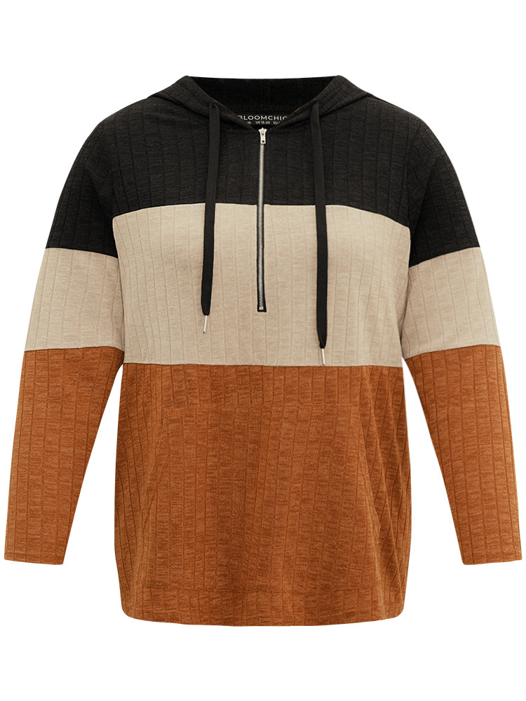 Plus Size Rib Knit Colorblock Contrast Half Zip Hooded Sweatshirt Women Black Casual Texture Hooded Dailywear Sweatshirts BloomChic 14-16/1X 