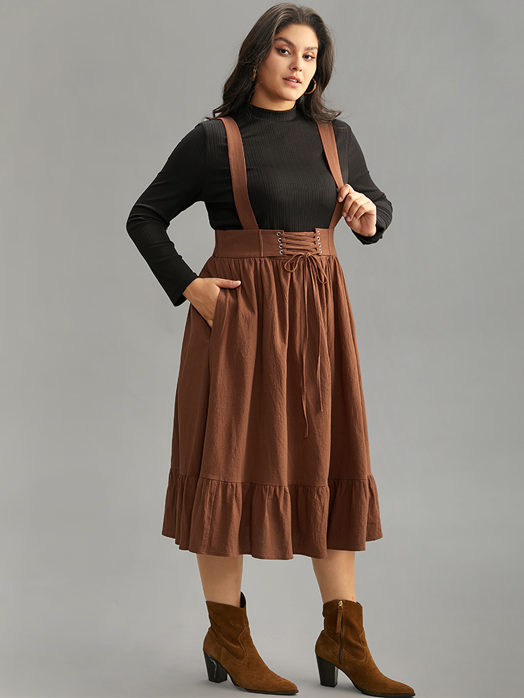 

Plus Size Plain Adjustable Straps Lace Up Ruffle Hem Dress Chocolate Women Casual Adjustable Straps Spaghetti Strap Sleeveless Curvy Midi Dress BloomChic