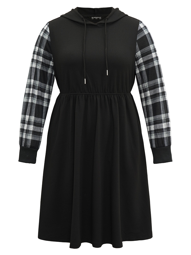 

Plus Size Plaid Patchwork Drawstring Pocket Hooded Dress Black Women Casual Printed Hooded Long Sleeve Curvy Midi Dress BloomChic