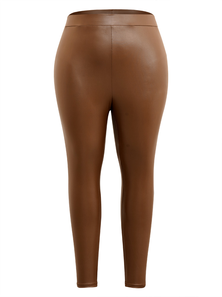 Plus Size PU Leather Elastic Waist Leggings Women DarkBrown Glamour Medium stretch Skinny High Rise Going out Leggings BloomChic 10/M 