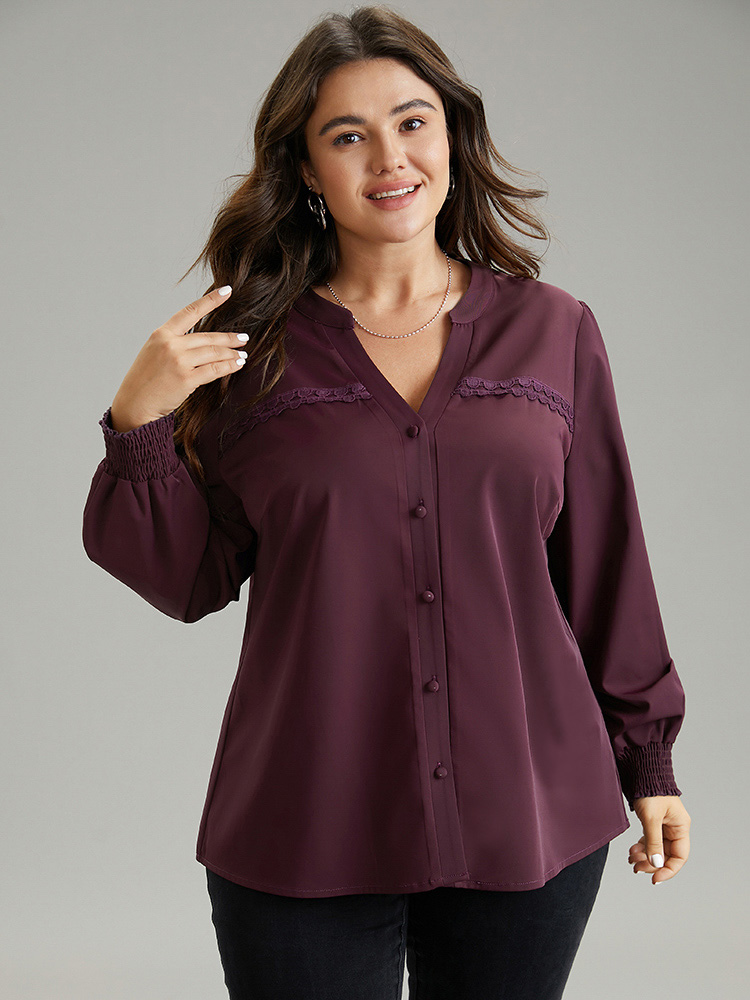 

Plus Size Notched Guipure Lace Button Through Shirred Blouse Eggplant Long Sleeve Notched collar Office Shirts