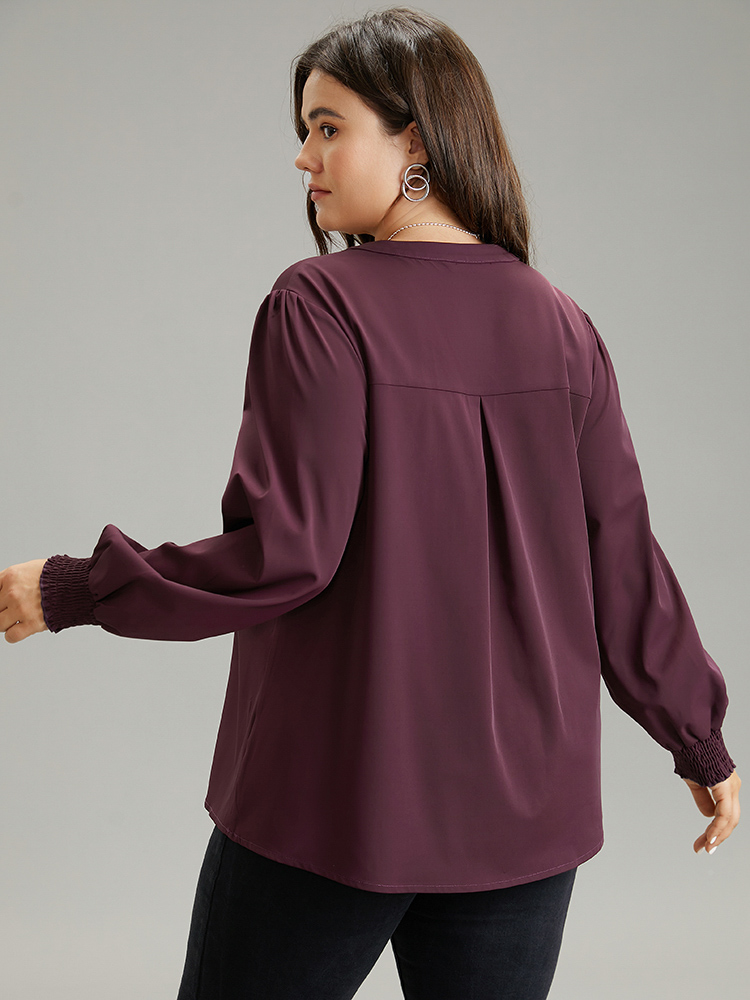 

Plus Size Notched Guipure Lace Button Through Shirred Blouse Eggplant Long Sleeve Notched collar Office Shirts