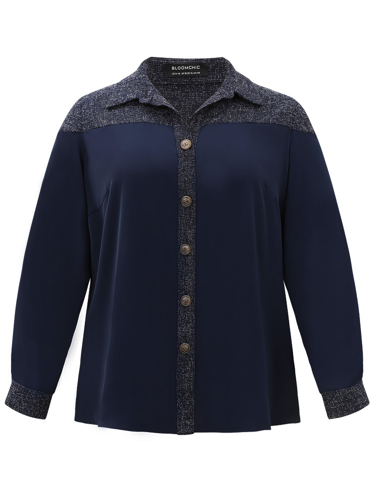 

Plus Size Shirt Collar Patchwork Textured Buckle Up Blouse Indigo Long Sleeve Shirt collar Office Shirts