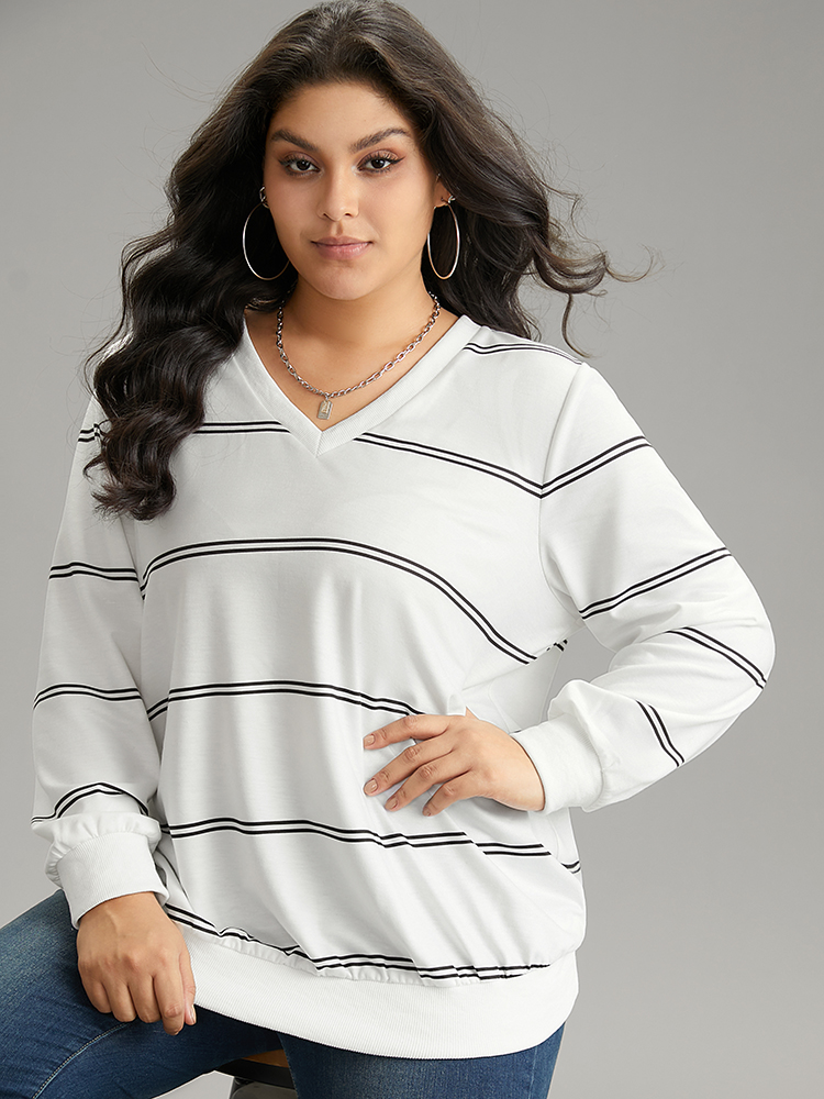 Plus Size Women Dailywear Striped Rib Knit Regular Regular Sleeve Long Sleeve V-neck Casual Sweatshirts BloomChic 