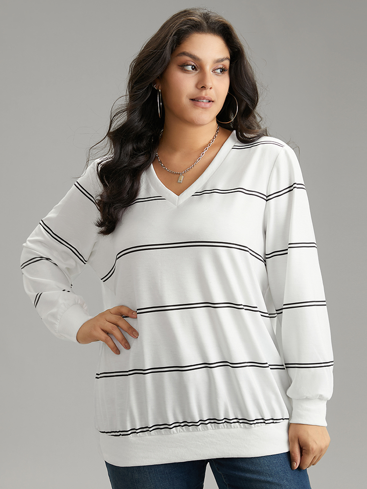 Plus Size Women Dailywear Striped Rib Knit Regular Regular Sleeve Long Sleeve V-neck Casual Sweatshirts BloomChic 