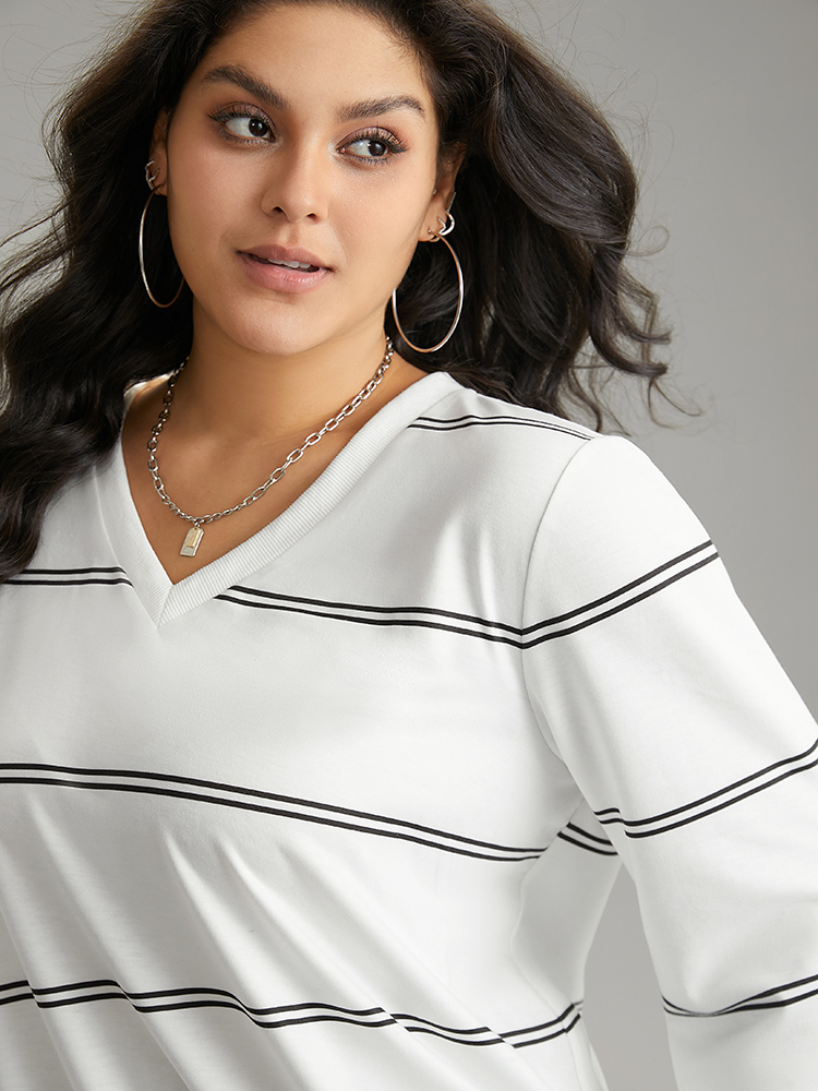 Plus Size Women Dailywear Striped Rib Knit Regular Regular Sleeve Long Sleeve V-neck Casual Sweatshirts BloomChic 