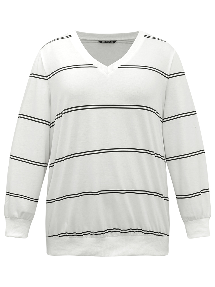 Plus Size Women Dailywear Striped Rib Knit Regular Regular Sleeve Long Sleeve V-neck Casual Sweatshirts BloomChic 