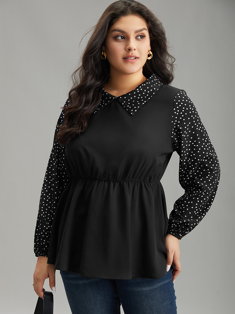 Plus Size Women Work Polka Dot Elastic cuffs Lantern Sleeve Long Sleeve Lapel Collar At the Office Blouses BloomChic 