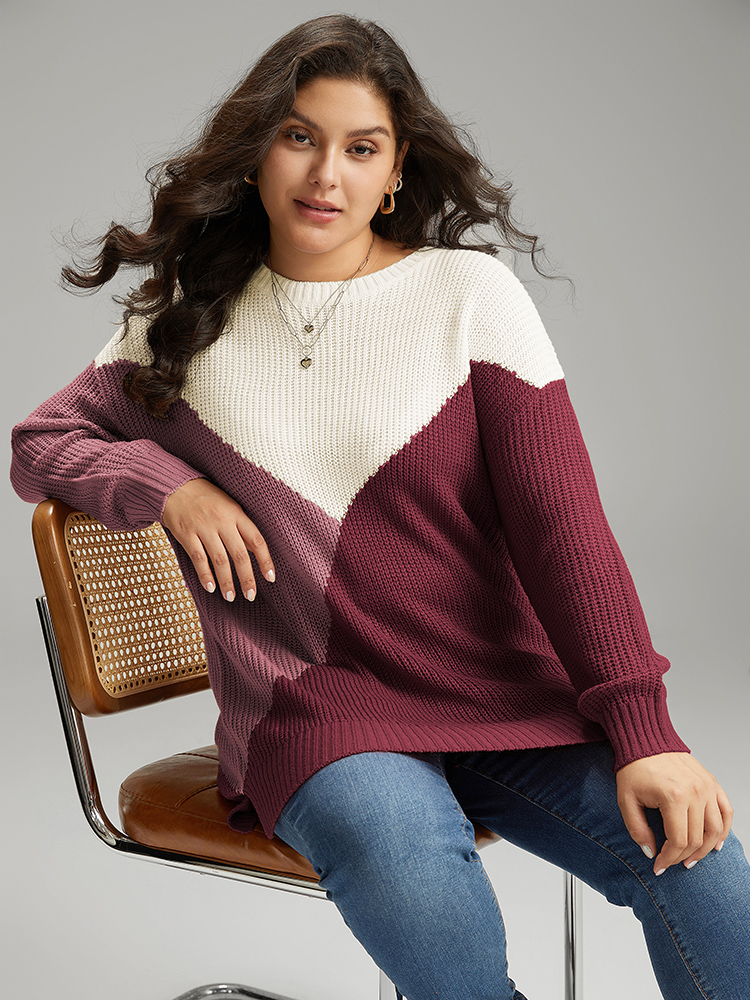 

Plus Size Colorblock Split Side Drop Shoulder Pullover Scarlet Women Casual Loose Long Sleeve Round Neck Dailywear Pullovers BloomChic