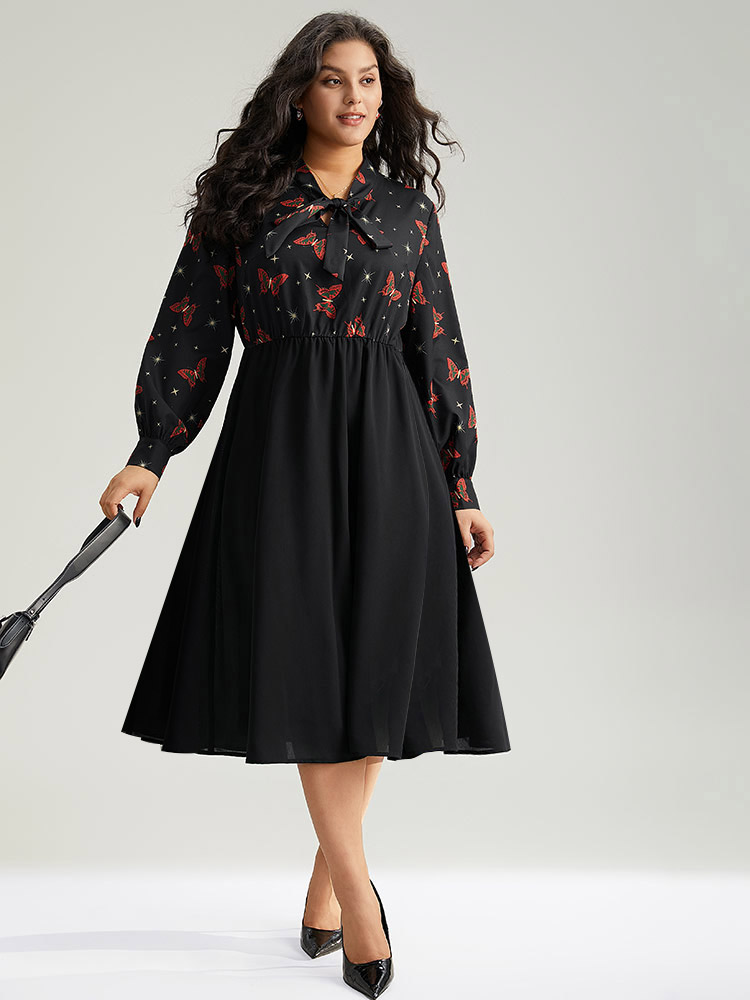 

Plus Size Christmas Butterfly Patchwork Tie Neck Dress Black Women Office Cross straps Tie Neck Long Sleeve Curvy Midi Dress BloomChic