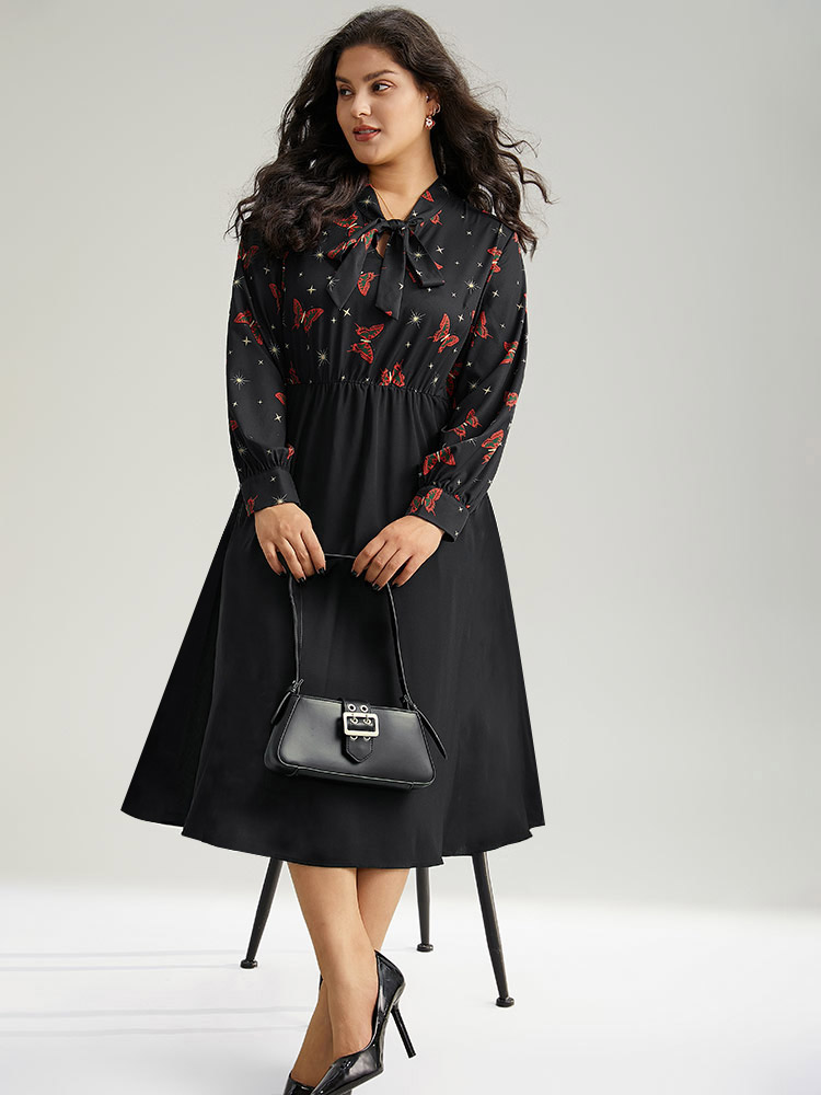 

Plus Size Christmas Butterfly Patchwork Tie Neck Dress Black Women Office Cross straps Tie Neck Long Sleeve Curvy Midi Dress BloomChic