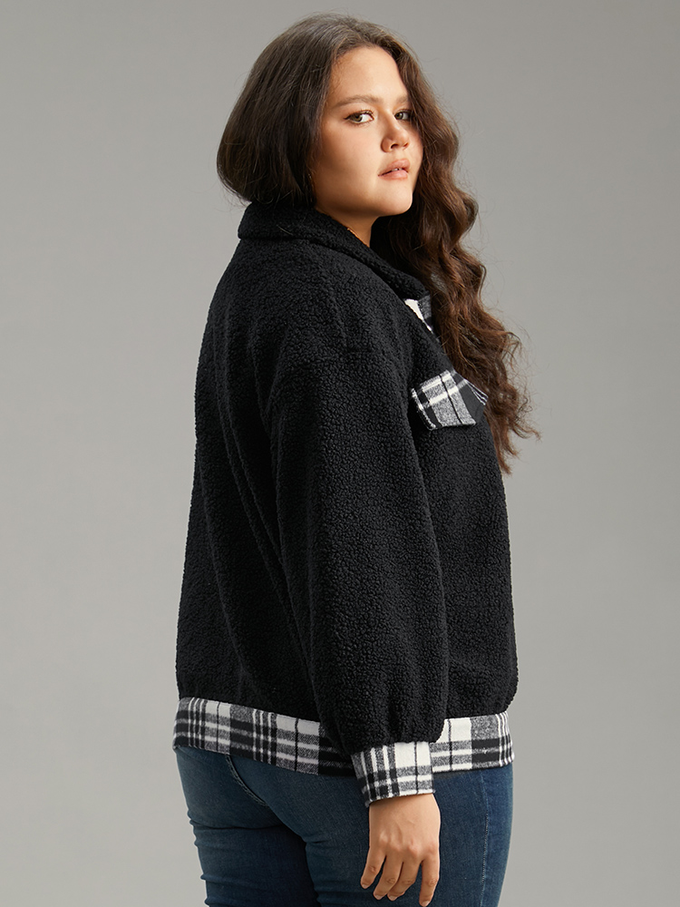 

Plus Size Plaid Patchwork Button Up Teddy Shacket Women Black Contrast Dailywear Jackets BloomChic