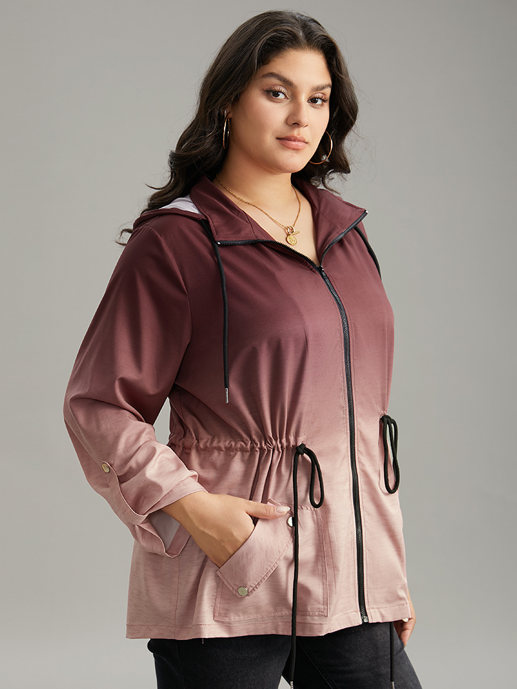 

Plus Size Ombre Zipper Drawstring Pocket Tab Sleeve Jacket Women Scarlet Zipper Pocket Everyday Jackets BloomChic