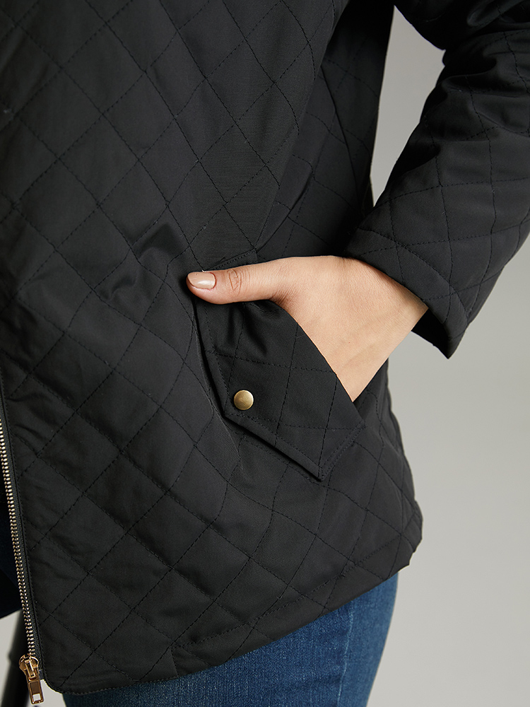

Plus Size Plain Quilted Zipper Button Detail Jacket Women Black Casual Plain Ladies Dailywear Winter Coats BloomChic