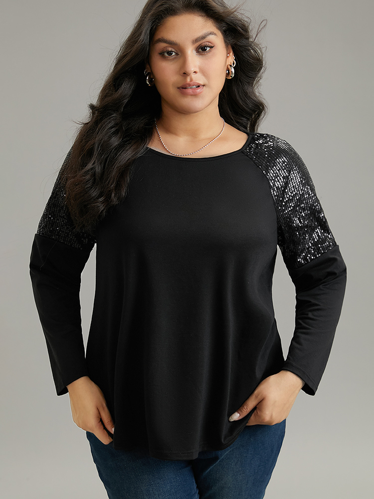 

Plus Size Sequin Patchwork Raglan Sleeve T-shirt Black Women Elegant Sequin Galaxy Round Neck Dailywear T-shirts BloomChic