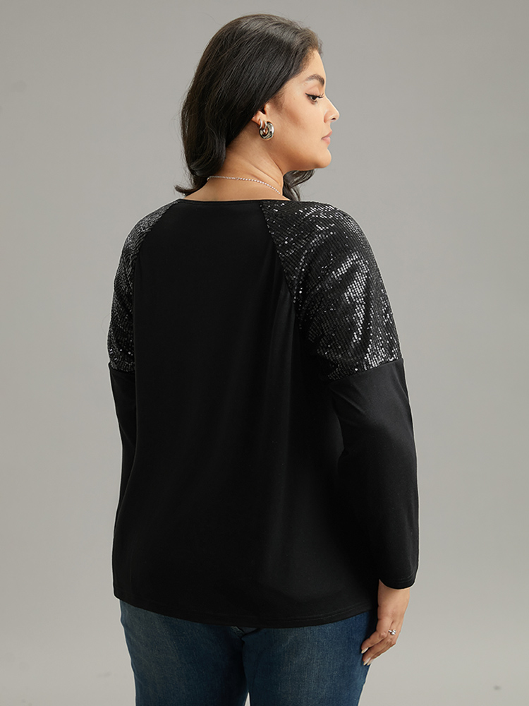 

Plus Size Sequin Patchwork Raglan Sleeve T-shirt Black Women Elegant Sequin Galaxy Round Neck Dailywear T-shirts BloomChic