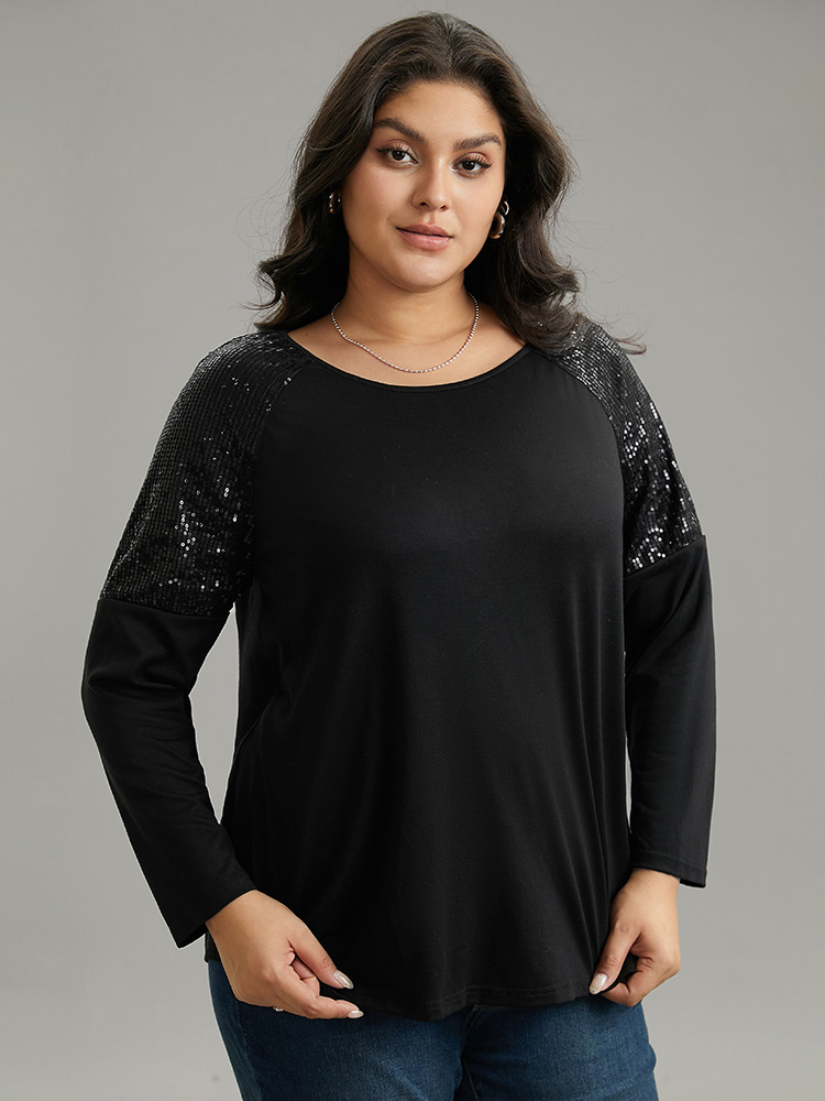Plus Size Sequin Patchwork Raglan Sleeve T-shirt Black Women Elegant Sequin Galaxy Round Neck Dailywear T-shirts BloomChic 18-20/2X 