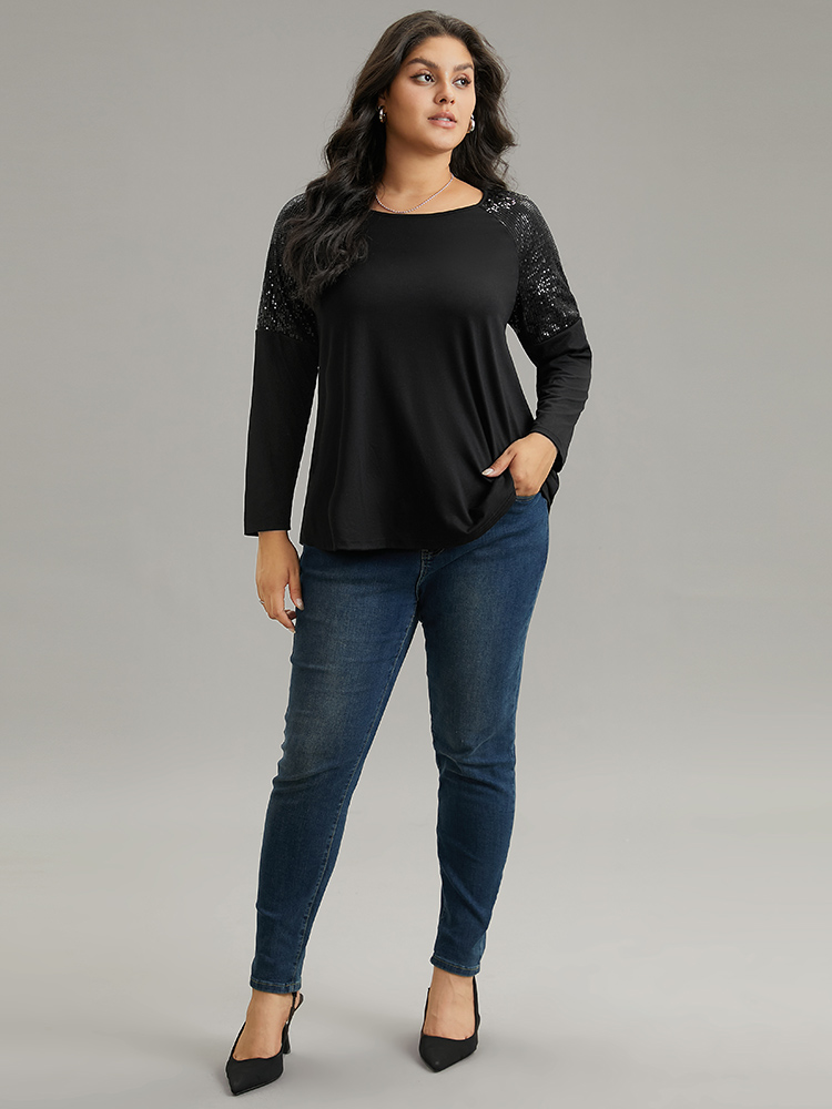 Plus Size Sequin Patchwork Raglan Sleeve T-shirt Black Women Elegant Sequin Galaxy Round Neck Dailywear T-shirts BloomChic 18-20/2X 