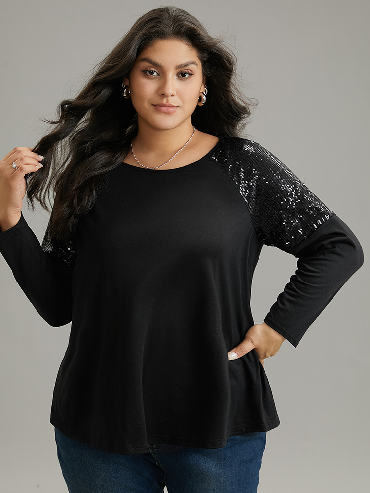 Plus Size Sequin Patchwork Raglan Sleeve T-shirt Black Women Elegant Sequin Galaxy Round Neck Dailywear T-shirts BloomChic 18-20/2X 