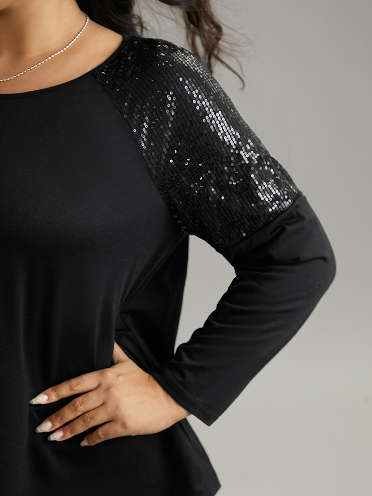 Plus Size Sequin Patchwork Raglan Sleeve T-shirt Black Women Elegant Sequin Galaxy Round Neck Dailywear T-shirts BloomChic 18-20/2X 