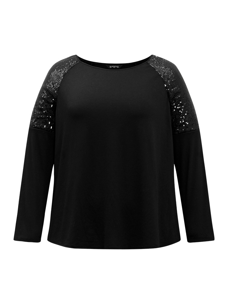 Plus Size Sequin Patchwork Raglan Sleeve T-shirt Black Women Elegant Sequin Galaxy Round Neck Dailywear T-shirts BloomChic 18-20/2X 