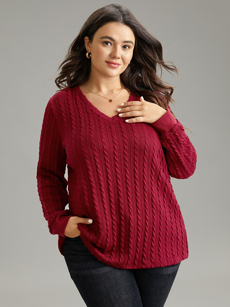 Plus Size Women Dailywear Plain Rib Knit Regular Regular Sleeve Long Sleeve V-neck Elegant Sweatshirts BloomChic 