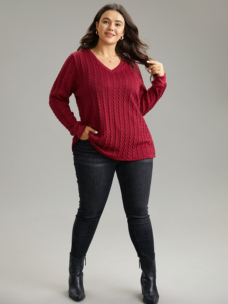 Plus Size Women Dailywear Plain Rib Knit Regular Regular Sleeve Long Sleeve V-neck Elegant Sweatshirts BloomChic 
