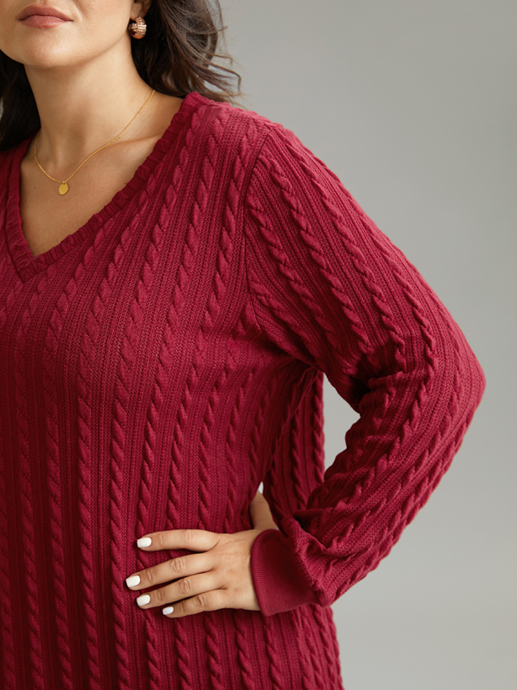 Plus Size Women Dailywear Plain Rib Knit Regular Regular Sleeve Long Sleeve V-neck Elegant Sweatshirts BloomChic 
