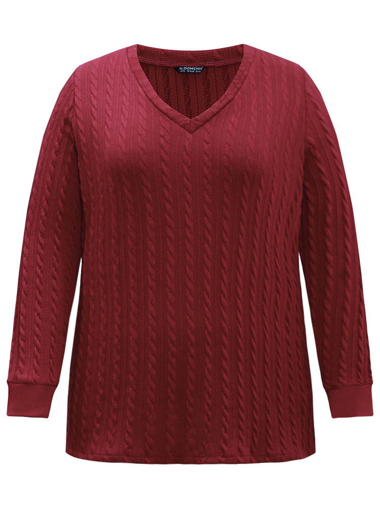 

Plus Size Rib Knit Plain Elastic Cuffs Sweatshirt Women Scarlet Elegant Rib Knit V-neck Dailywear Sweatshirts BloomChic