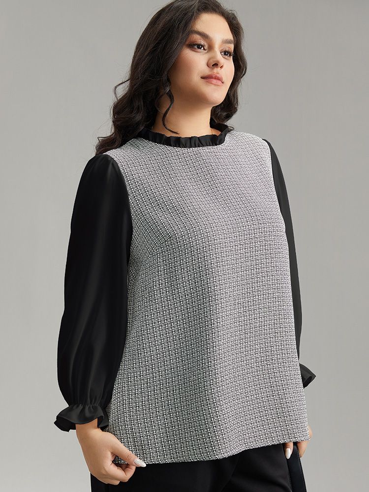 Plus Size Black Gingham Ruffles Patchwork Frill Trim Blouse Women Office Long Sleeve Stand-up collar Work Blouses BloomChic 22-24/3X 
