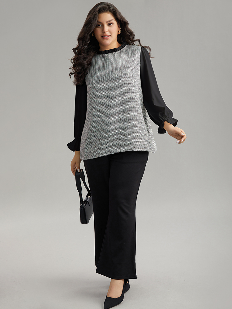 Plus Size Black Gingham Ruffles Patchwork Frill Trim Blouse Women Office Long Sleeve Stand-up collar Work Blouses BloomChic 22-24/3X 